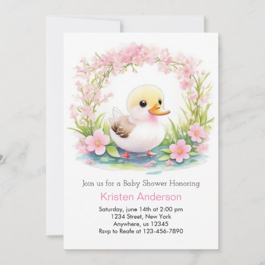 Roze Bloemen Zalig Duckling Meisje Baby shower Kaart (Voorkant)