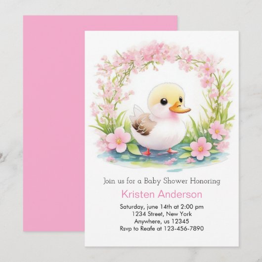 Roze Bloemen Zalig Duckling Meisje Baby shower Kaart (Voorkant / Achterkant)