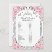 Roze Bloemen Zilver Quinceañera Mis Padrinos Kaart (Voorkant)