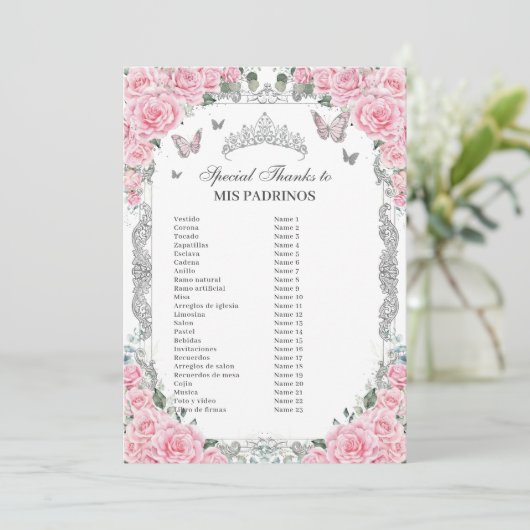 Roze Bloemen Zilver Quinceañera Mis Padrinos Kaart (Staand voorkant)