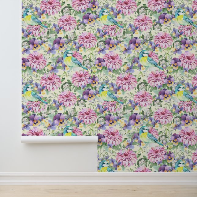 Roze Bloemen Zinnia Paarse Pansies Vogels Behang (Applicatie)