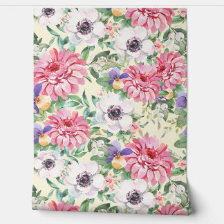 Roze Bloemen Zinnias Witte Poppies Pansies Groen Behang