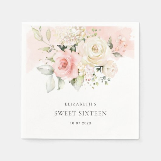 Roze Bloemen Zoet 16 Verjaardag Party Papier Servet (Voorkant)