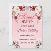 Roze Bloemen Zoet Zestien Elegant Verjaardagsfeest Kaart (Voorkant)