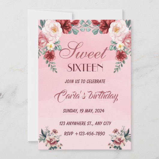Roze Bloemen Zoet Zestien Elegant Verjaardagsfeest Kaart (Voorkant)
