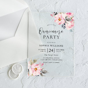 Roze Bloemen Zoete Quinceanera Feest Acryl Uitnodigingen