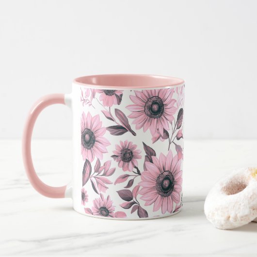 Roze Bloemen Zonnebloem Mok (Met donut)