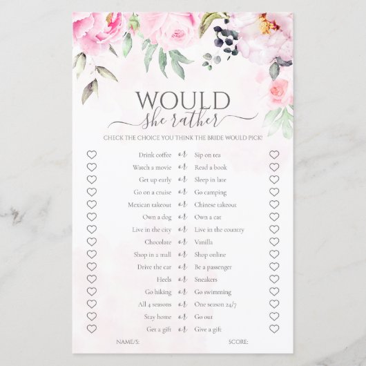 Roze Bloemen Zou ze liever Vrijgezellenfeest spel (Voorkant)