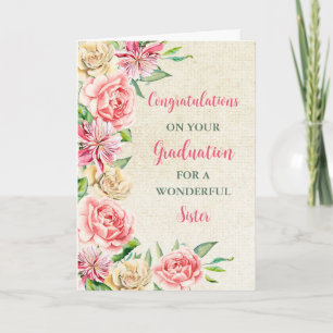 Roze Bloemen Zuster Gefeliciteerd Afstuderen Kaart