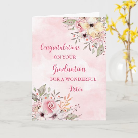 Roze Bloemen Zuster Gefeliciteerd Afstuderen Kaart (Gele Bloem)