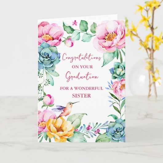 Roze Bloemen Zuster Gefeliciteerd Afstuderen Kaart (Gele Bloem)