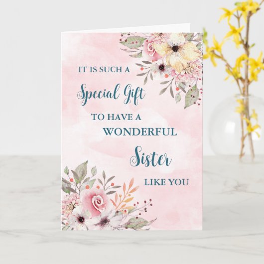 Roze Bloemen Zuster Happy Moederdag Kaart (Gele Bloem)
