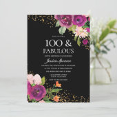 Roze bloemen zwart 100th Birthday Party Kaart (Staand voorkant)