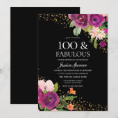 Roze bloemen zwart 100th Birthday Party Kaart (Voorkant / Achterkant)