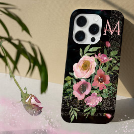 Roze Bloemen zwart iPhone 15 Pro Case