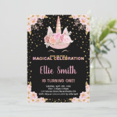Roze Bloemen Zwart Eenhoorn Verjaardag Uitnodiging (Staand voorkant)