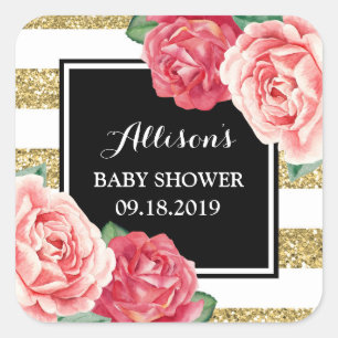 Roze Bloemen Zwart Goud Baby shower Favor Tag Vierkante Sticker