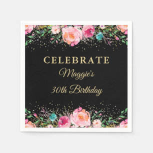 Roze Bloemen Zwart Goud Verjaardag Party Papier Servet