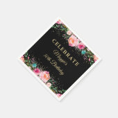 Roze Bloemen Zwart Goud Verjaardag Party Papier Servet (Hoek)
