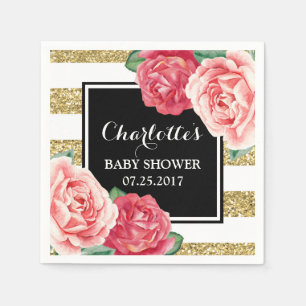 Roze Bloemen Zwart Gouden Strepen Baby shower Servet