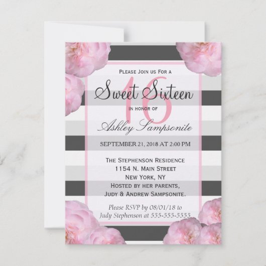 Roze bloemen & zwart, grijs en witte strepen kaart (Voorkant)