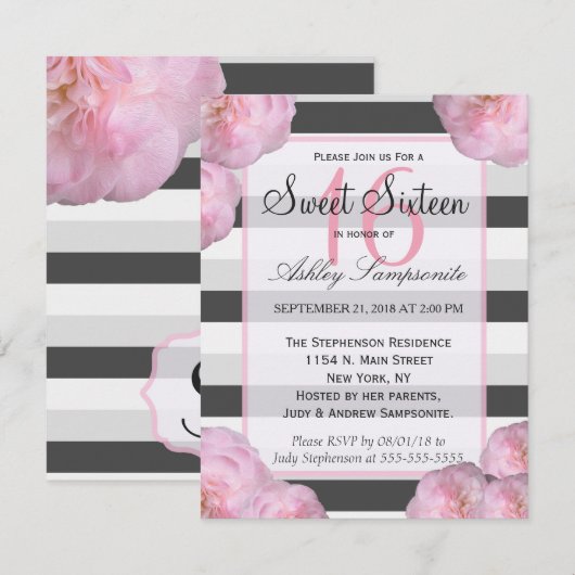 Roze bloemen & zwart, grijs en witte strepen kaart (Voorkant / Achterkant)