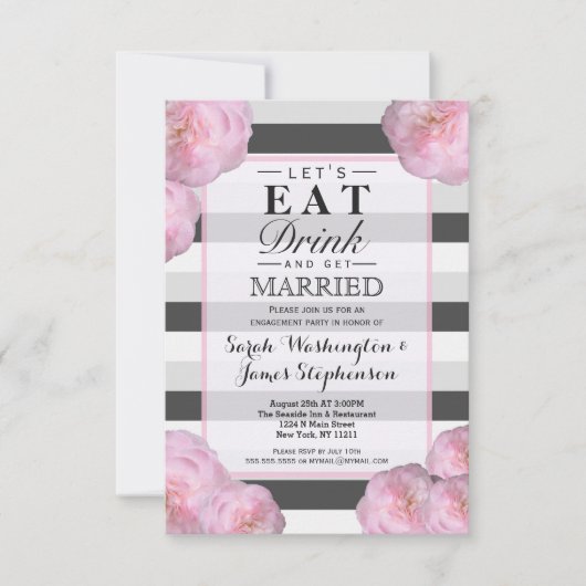 Roze bloemen & zwart, grijs en witte strepen kaart (Voorkant)