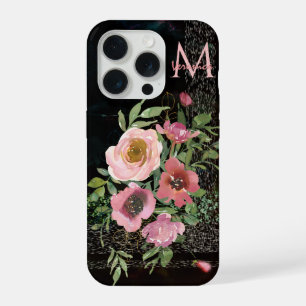Roze bloemen zwart iPhone 15 pro case