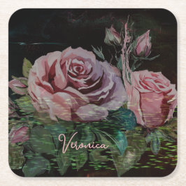 Roze Bloemen Zwart Kartonnen Onderzetters