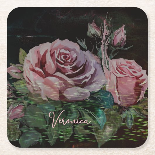 Roze Bloemen Zwart Kartonnen Onderzetters (Voorkant)