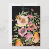 Roze Bloemen Zwart Pasen met Vogels Feestdagenkaart (Voorkant)