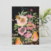 Roze Bloemen Zwart Pasen met Vogels Feestdagenkaart (Staand voorkant)
