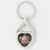 Roze Bloemen Zwart Sleutelhanger (Voorkant)