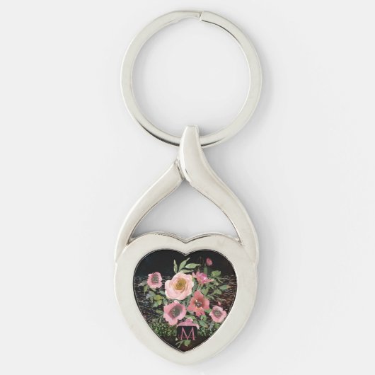 Roze Bloemen Zwart Sleutelhanger (Voorkant)