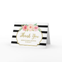 Roze Bloemen Zwart Strepen Baby shower Dank u