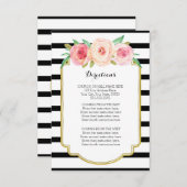 Roze Bloemen Zwart Strepen Bruiloft Richting Invoe Informatiekaartje (Voorkant / Achterkant)
