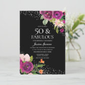 Roze bloemen zwart Terug 50e verjaardag Kaart (Staand voorkant)