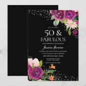 Roze bloemen zwart Terug 50e verjaardag Kaart (Voorkant / Achterkant)