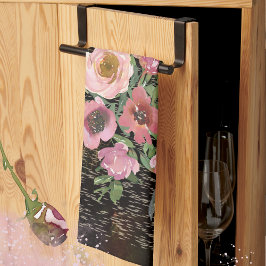 Roze Bloemen Zwart Theedoek