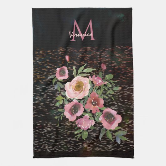 Roze Bloemen Zwart Theedoek (Verticaal)