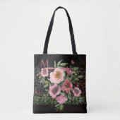 Roze Bloemen Zwart Tote Bag (Voorkant)
