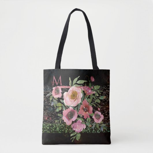 Roze Bloemen Zwart Tote Bag (Voorkant)