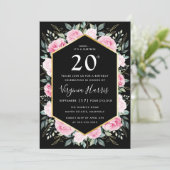 Roze Bloemen Zwart Twintig 20ste Verjaardag Kaart (Staand voorkant)
