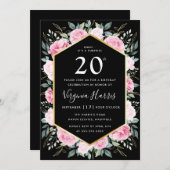 Roze Bloemen Zwart Twintig 20ste Verjaardag Kaart (Voorkant / Achterkant)