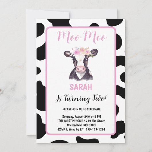 Roze Bloemen Zwart Wit Koe Print 2e Verjaardag Kaart (Voorkant)