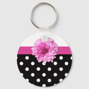 Roze bloemen zwart wit polka stippen girly sleutelhanger