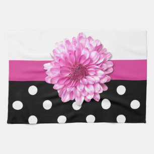 Roze bloemen zwart wit polka stippen girly theedoek