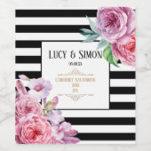 Roze Bloemen Zwart-wit Streep Bruiloft Wijn Etiket (Enkel label)