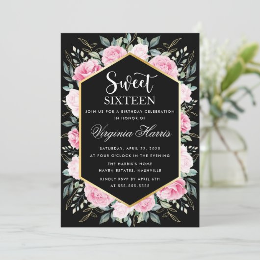 Roze Bloemen Zwart Zoet Zestien 16 Verjaardag Kaart (Staand voorkant)