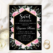 Roze Bloemen Zwart Zoet Zestien 16 Verjaardag Kaart